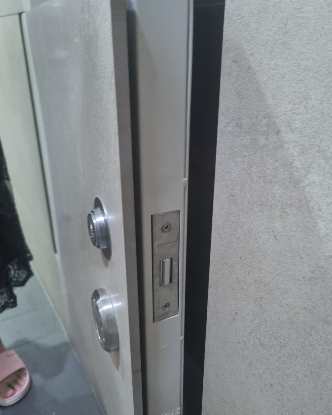 덕양구 창릉동 출장 — 밝은 회색 문 옆면에 달린 은색 사각 걸쇠판과 문 앞면의 둥근 금속 테두리 두 개