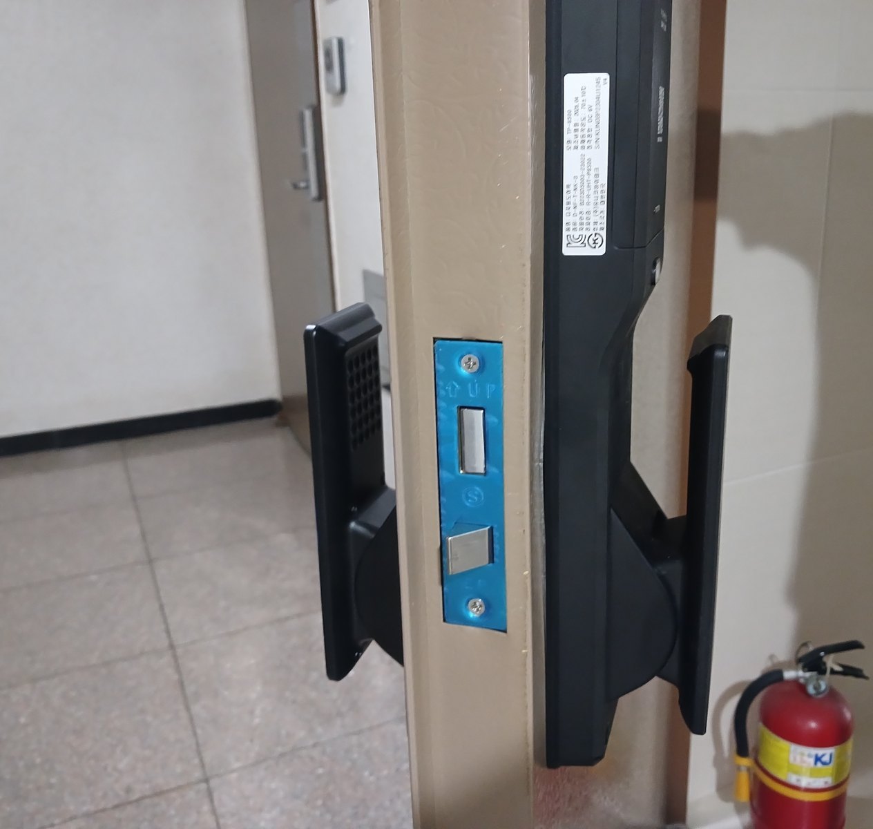 덕양구 대덕동 출장 — 열린 문 옆면의 파란 보호필름 붙은 걸쇠 판과 양쪽 큰 손잡이 푸시풀 도어락, 복도의 붉은 소화기